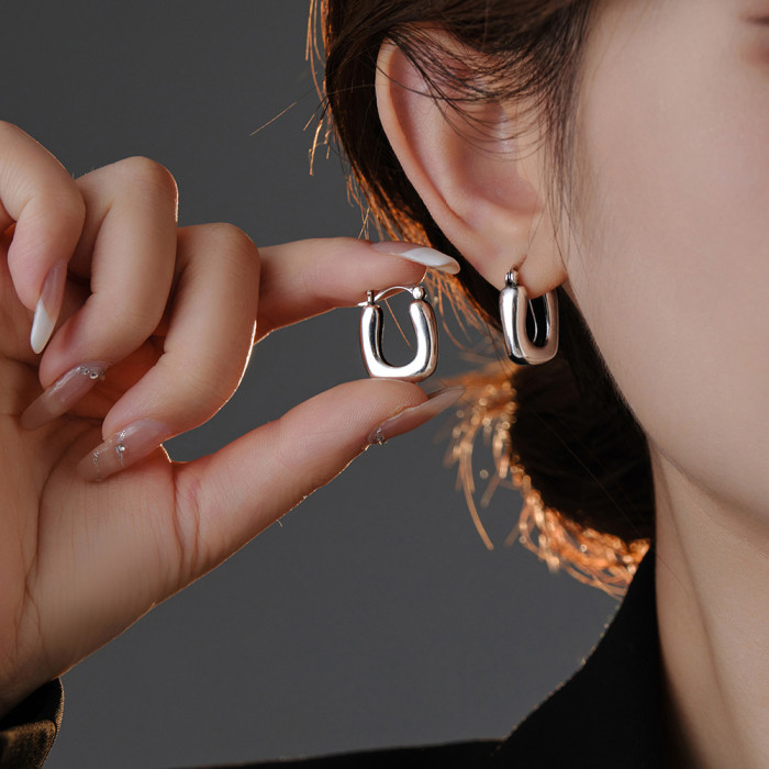 Vintage Thai Silver Ear Clip Geometric Ins Simple Wide Surface Eardrop Earring Women Earrings
