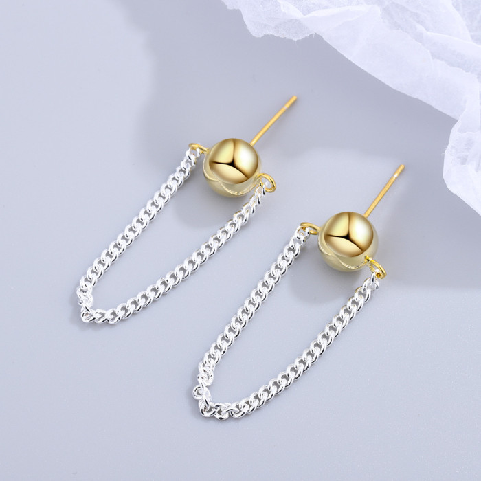 Round Beads Chain Tassel Stud Earrings Gold and Silver Color Matching Glossy Personalized Earrings