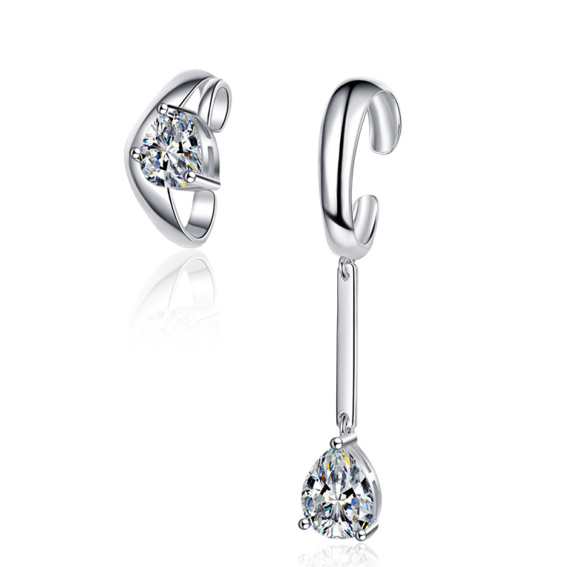 S925 Sterling Silver Asymmetric Long Heart Water Drop Earrings Personalized Zircon Non-Piercing Ear Clip