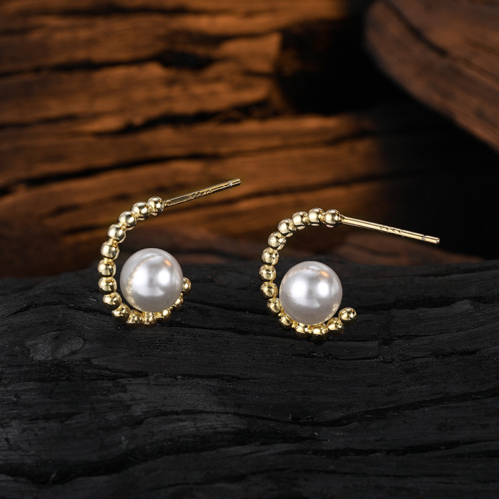 Irregular Semi-round Beads Stud Earrings for Women French Simplicity Pearl C- Shaped Earrings  984