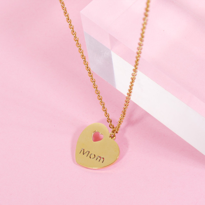 Mother Gift Personality Simple Titanium Steel Necklace Pendant Ins Style Peach Heart Hollow Heart-Shaped Mom Pendant
