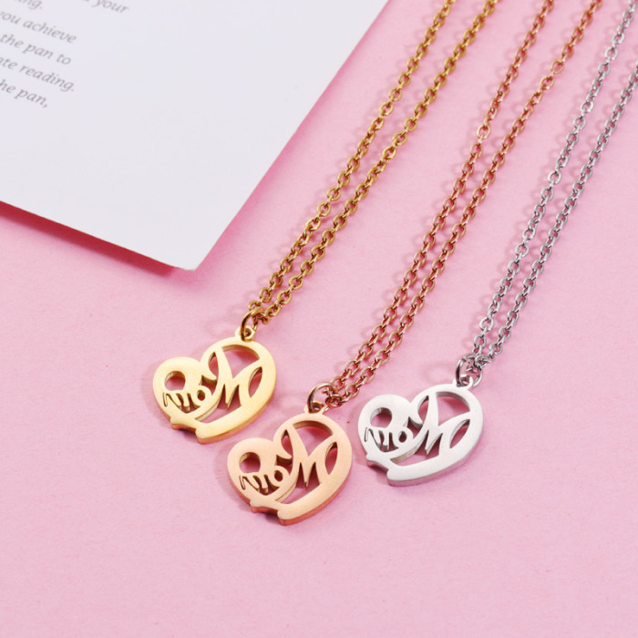 Personality Simple Mother Gift Necklace Pendant Stainless Steel Heart Love Heart Hollow Mom Pendant