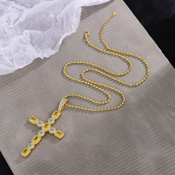 Simple Personality Zircon Cross Full Diamond Pendant Necklace Sweater Chain Jewelry for Women