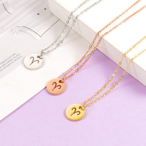 Couple Girlfriends Personality Fashion 12 Constellation Necklace  Stainless Steel Wafer Hollow Constellation Pendant