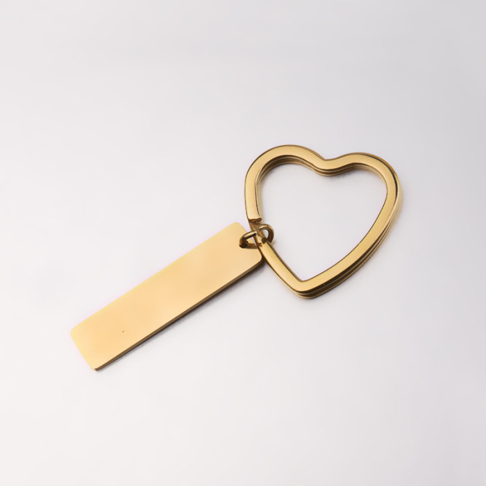 Stainless Steel Keychian Square Long Tag Peach Heart Key Ring Glossy Can Carve Writing Logo Pendant