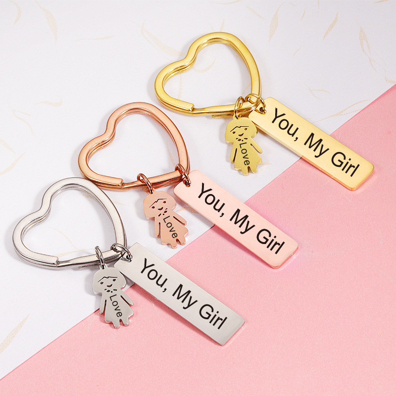 Personalized Simple Couple Keychain Stainless Steel Boy Girl Long Pendant