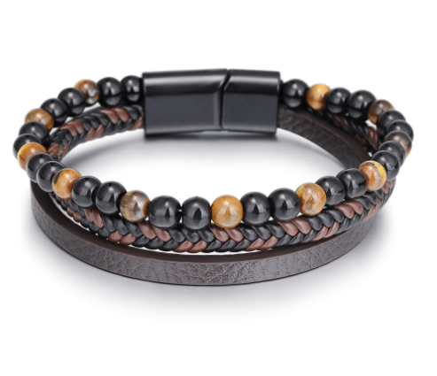 Simple hand-woven leather natural tiger's eye stone bracelet hand-woven volcanic stone beading man