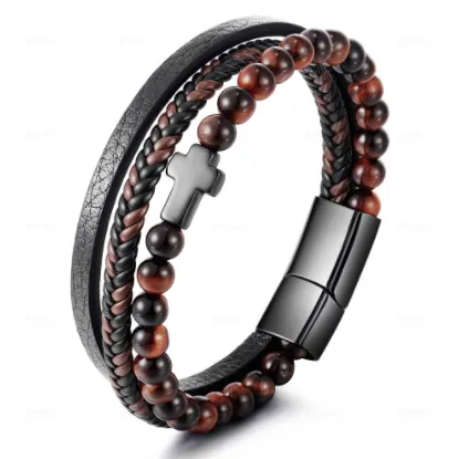 Cross-border hot selling stainless steel natural tiger eye agate cross bracelets men's titanium steel multi-layer braided, leather bracelets