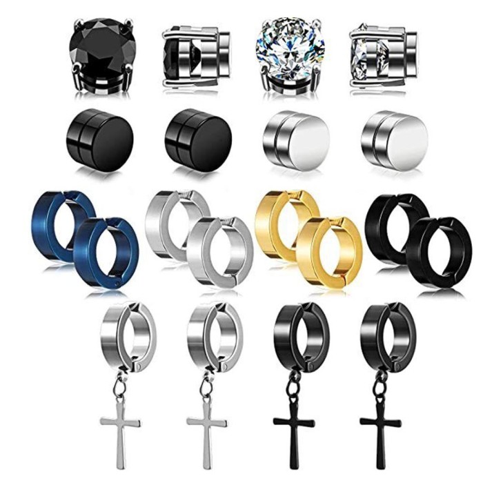 12 Pairs Men's Stainless Steel Ear Clip Earring Set Non-Piercing Zircon Stud Magnetic Earrings for Men
