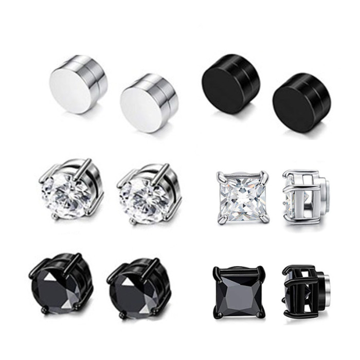 12 Pairs Men's Stainless Steel Ear Clip Earring Set Non-Piercing Zircon Stud Magnetic Earrings for Men