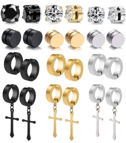 Stainless Steel Magnet Studs Earring  Non-Pierced Pseudo Earrings Zircon Magnet Ear Clips Cross Men's Earrings Set