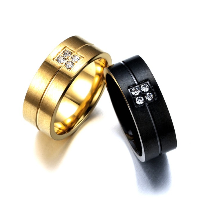 Stainless Steel Couples Rings with Inlaid Zircon and Diamond, Black Titanium Men's Ring for Engagement and Personalized Gift