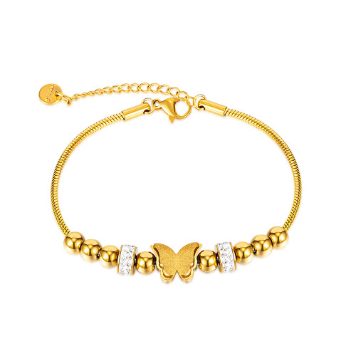 Gold Three-dimensional Frosted Butterfly Hand Ornaments Stainless Steel Snake Chain Small Steel Bead Bracelet Women