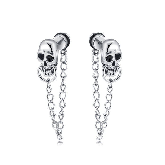Stainless Steel Skull Earrings Fashion Personality Punk Chain Earrings for Men