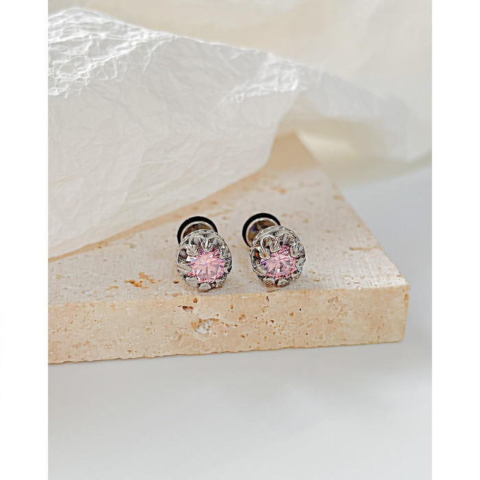 Pink Zirconia Earrings Hip Hop Stainless Steel Stud Earrings