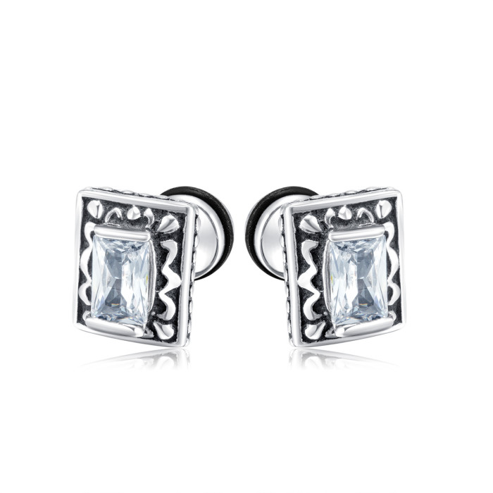 Square Zirconia Earrings Street Men's Hip-hop Hundred Stainless Steel Earrings