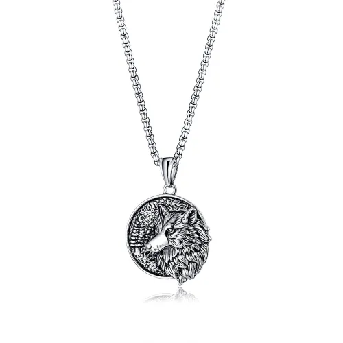 Wolf Head Titanium Steel Pendant Viking Vintage Round Stainless Steel Men's Necklace