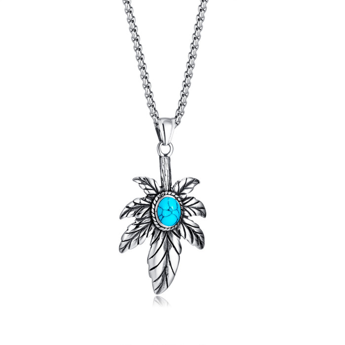 Stainless Steel Feather Pendant Men's Simple Hip Hop Turquoise Titanium Steel Necklace