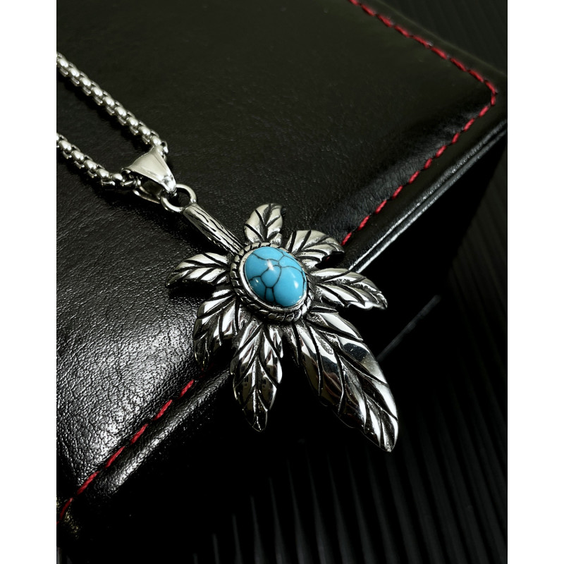 Stainless Steel Feather Pendant Men's Simple Hip Hop Turquoise Titanium Steel Necklace