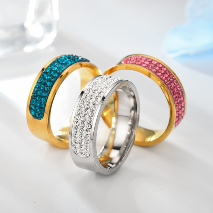 Itanium Steel Ring for Women Three Rows Full of Diamonds Stainless Steel Women Ring