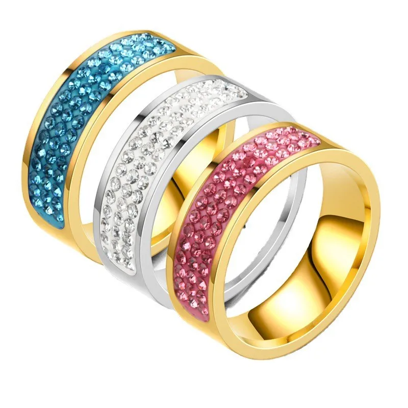 Itanium Steel Ring for Women Three Rows Full of Diamonds Stainless Steel Women Ring