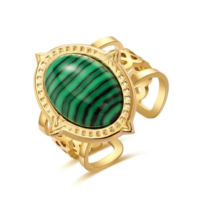 2023 New Peacock Green Ring Oval Green Malachite 18K Gold Plated Open Adjustable Stainless Steel Fashion Female Rings