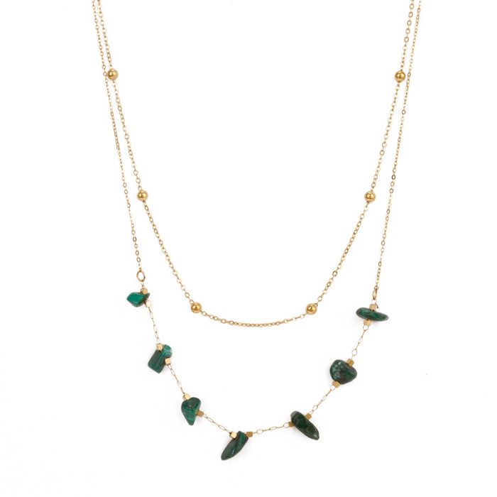 Showfay Peacock Green Stone Pendant Necklaces 18K Gold Double-layered Natural Stone Clavicle Cuban Chain Necklaces In Titanium