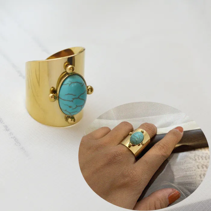 Fashion Stainless Steel Natural Stone Open Finger Ring Women Girl Real Gold Plated Shell Knuckle Ring