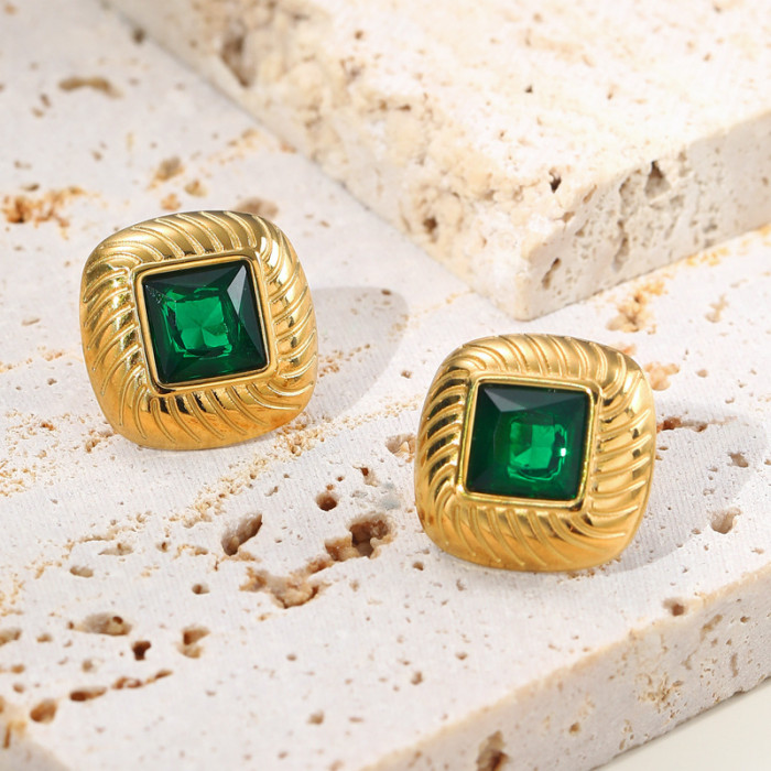 Wholesale 316L Stainless Steel CZ Zircon Huggies Earrings Green Cubic Zirconia Charm Jewelry Gold Plated Hoop Earrings