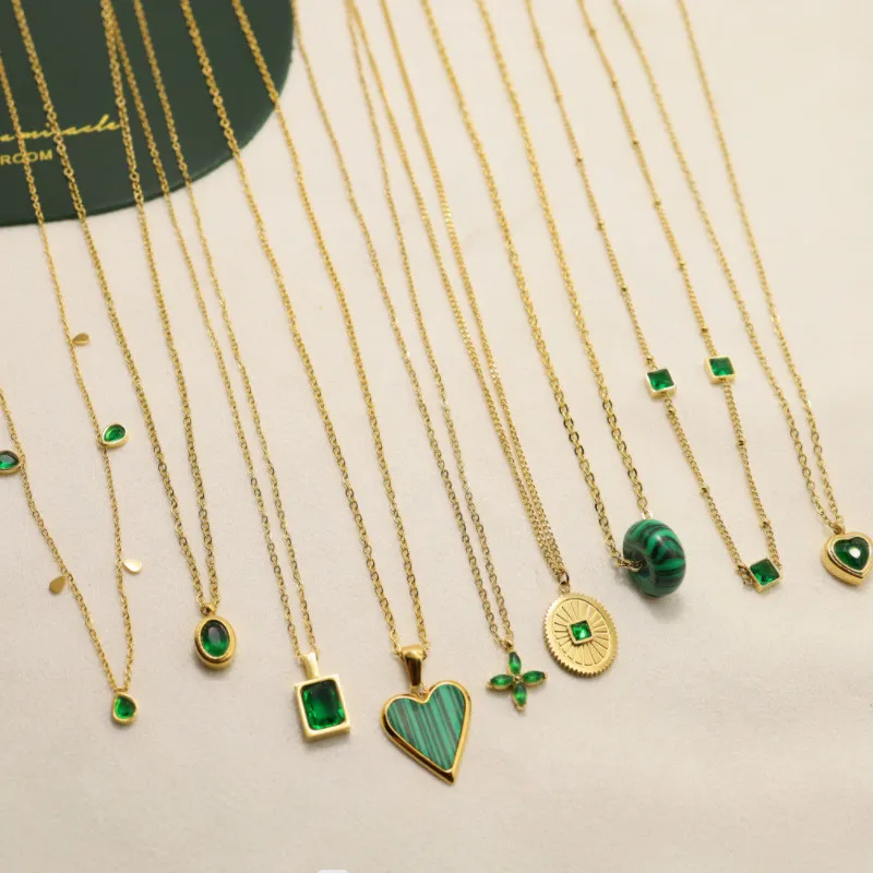 None-fade Stainless18K Gold Plated Vintage Emerald Pendants Necklace Charm Creative Asymmetric Cuban Chain Choker Necklace Women