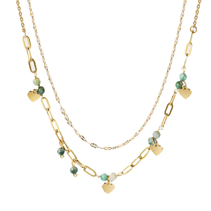 Showfay Peacock Green Stone Pendant Necklaces 18K Gold Double-layered Natural Stone Clavicle Cuban Chain Necklaces In Titanium