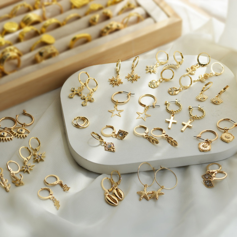 Romanesque Evil Eye Cross Drop Dangle Earrings with Cubic Zirconia Stones Flower Shells 14K Gold Plated Huggie Earrings