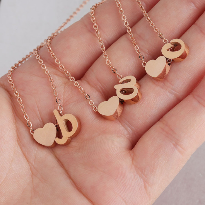 Stainless Steel Love Peach Heart A-Z English Letters  Pendant Necklace