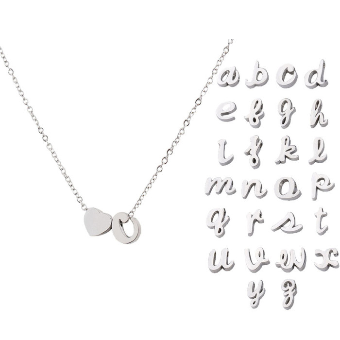 Stainless Steel Love Peach Heart A-Z English Letters  Pendant Necklace