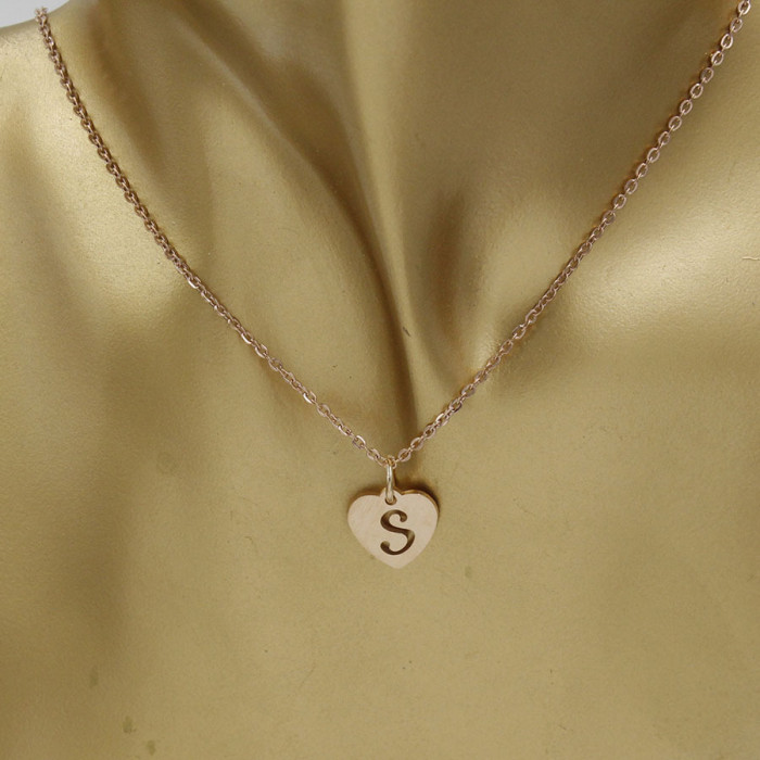 12mm Rose Gold Heart Peach Heart Shaped Hollow Letters A-Z Pendant Stainless Steel Fashion Necklace