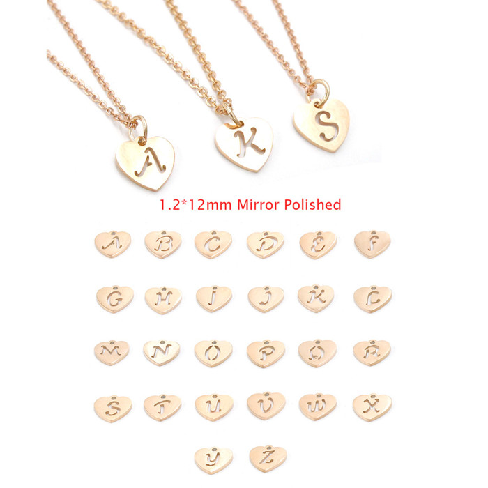 12mm Rose Gold Heart Peach Heart Shaped Hollow Letters A-Z Pendant Stainless Steel Fashion Necklace
