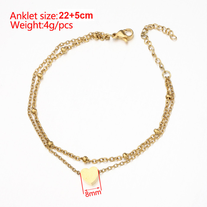 Stainless steel small hole bead series love couple double anklet