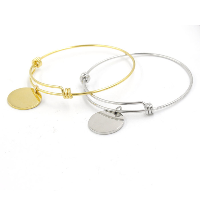 Stainless Steel Small Round Piece Hang Tag Adjustable Stretch Bracelet