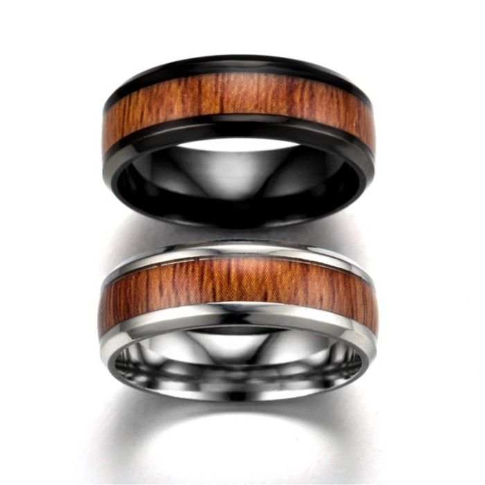 Stainless Steel Wood Grain Ring Vintage Titanium Rin