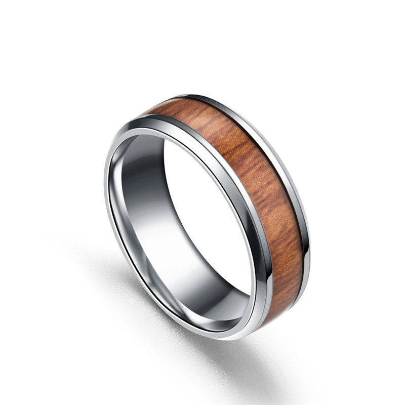 Stainless Steel Wood Grain Ring Vintage Titanium Rin