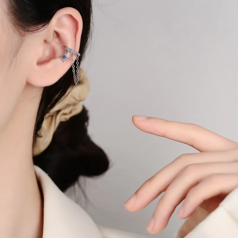 Double Chain Gram Blue Ear Clips INS Teardrop Zirconia Fake Earrings Without Ear Holes