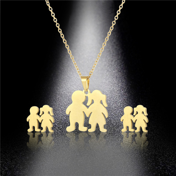 Lucky Boy Girls Pendant Necklace Plating Stainless Steel Gold Color Clavicle Chain Sets Necklace Earring Fashion Jewelry Set