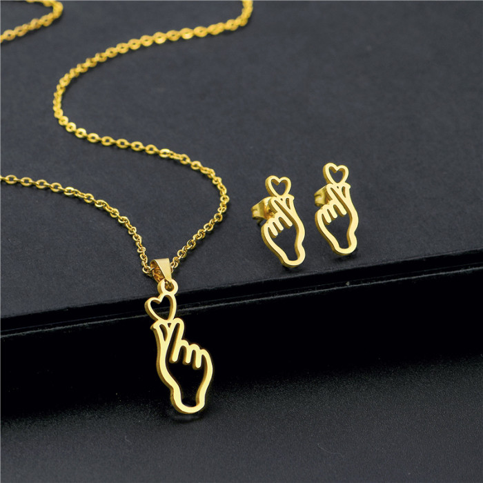 Korean Fashion Finger Heart Earrings Hand Pendant Necklace For Women Stainless Steel Show Your Love Heart Jewelry Sets