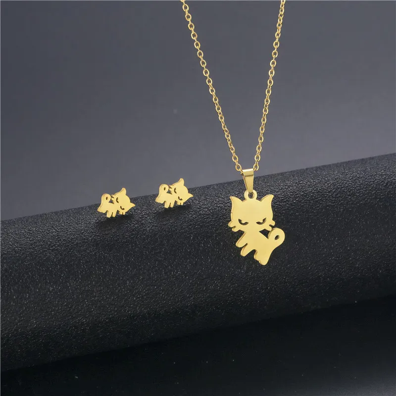 316L Stainless Steel Animal Cute Little Cat Pendant Necklace Earrings Jewelry Sets Clavickle Chain Choker Studs Earrings 2023