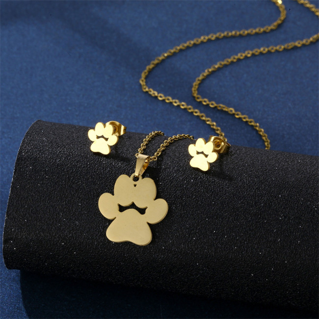 Simple Design Non Tarnish 18K Gold Silver Plated Stainless Steel Cute Dog Paw Pendant Earring Necklace Jewelry Set for Woman