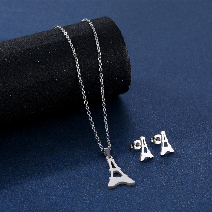 Cross-border women's stainless steel the Eiffel Tower in Paris necklace earring set collarbone chain Valentine's Day gift