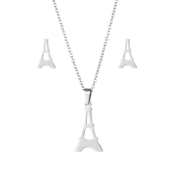 Cross-border women's stainless steel the Eiffel Tower in Paris necklace earring set collarbone chain Valentine's Day gift