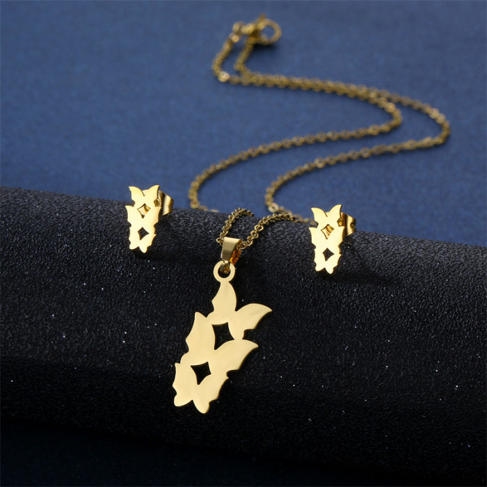 14K Gold Stainless Three Butterfly Necklace Earrings Set Women's Temperament 18K Gold Pendant Collar Chain Jewelry