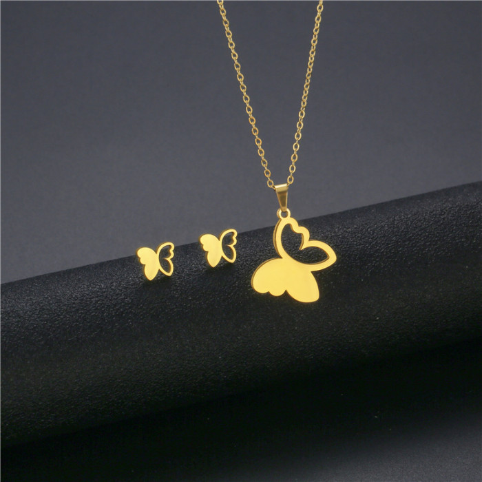 Hollowed Out Butterfly Pendants Necklaces Earrings Small Sets Stainless Gold Jewelry Sets Chain Sets