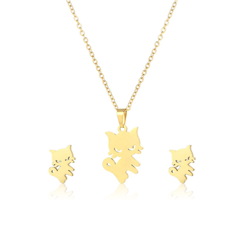 316L Stainless Steel Animal Cute Little Cat Pendant Necklace Earrings Jewelry Sets Clavickle Chain Choker Studs Earrings 2023
